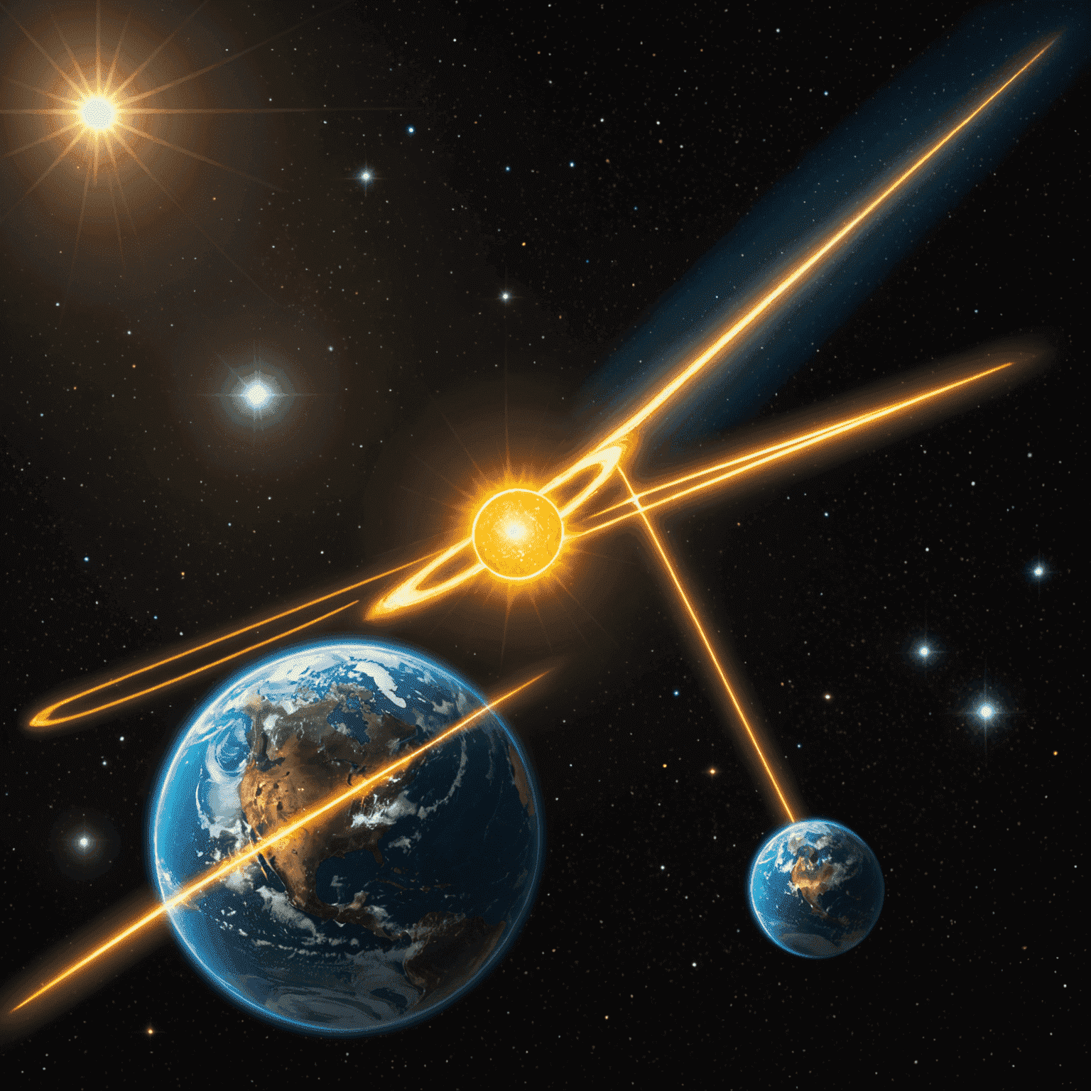 An illustration showing the concept of a parsec, with a star, Earth, and the Sun forming a right triangle. The distance between the Earth and Sun represents 1 AU, and the angle at the star is 1 arcsecond, demonstrating the definition of a parsec.