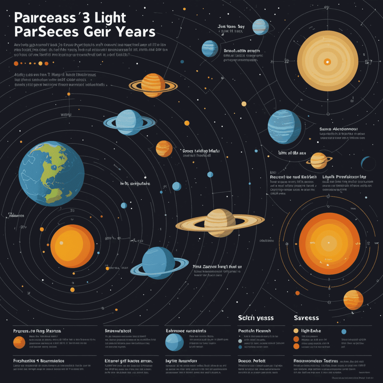 Infographic comparing parsecs and light years, showing their relative sizes and common uses in astronomy