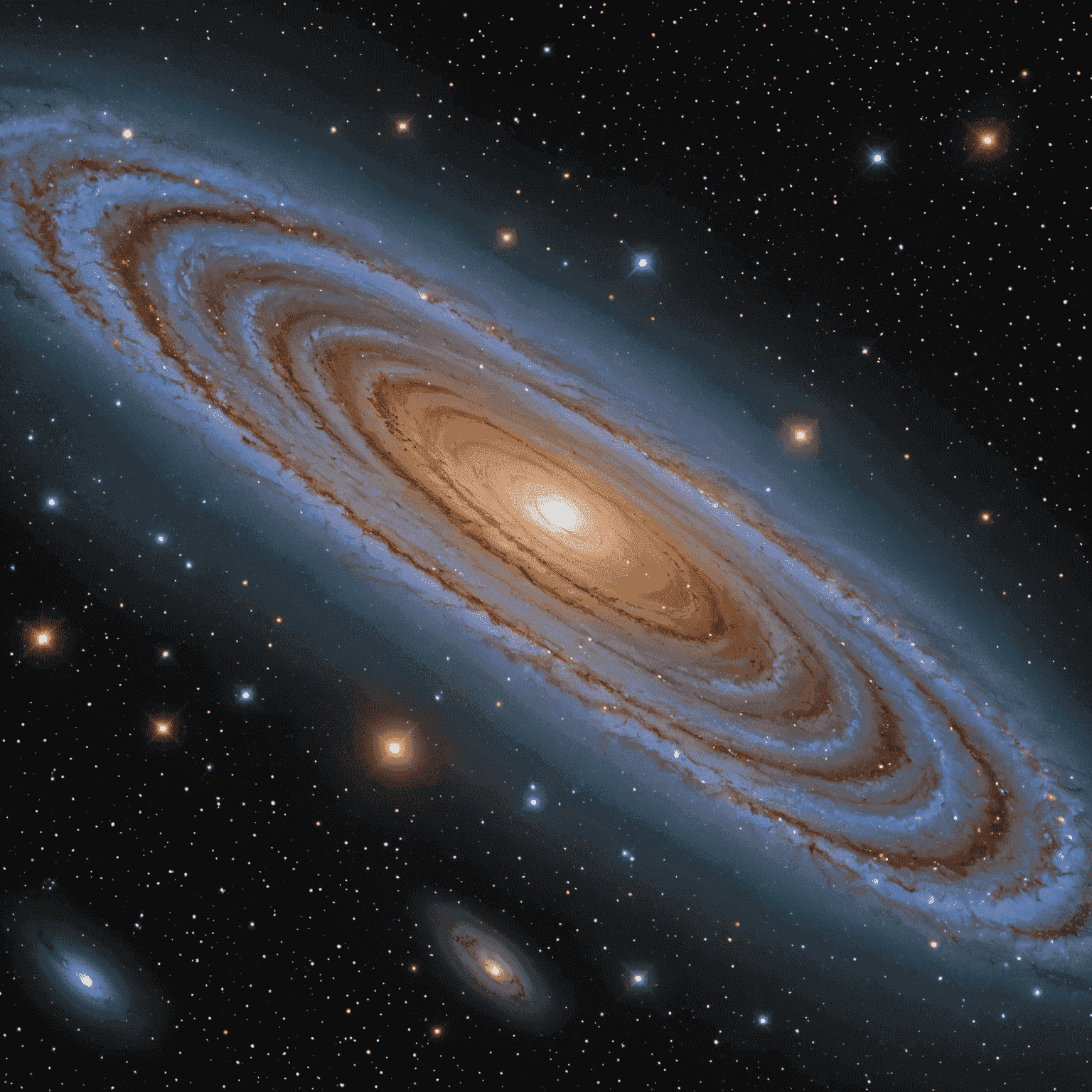 The spiral Andromeda Galaxy, our nearest large galactic neighbor, with its distinct spiral arms and bright core visible