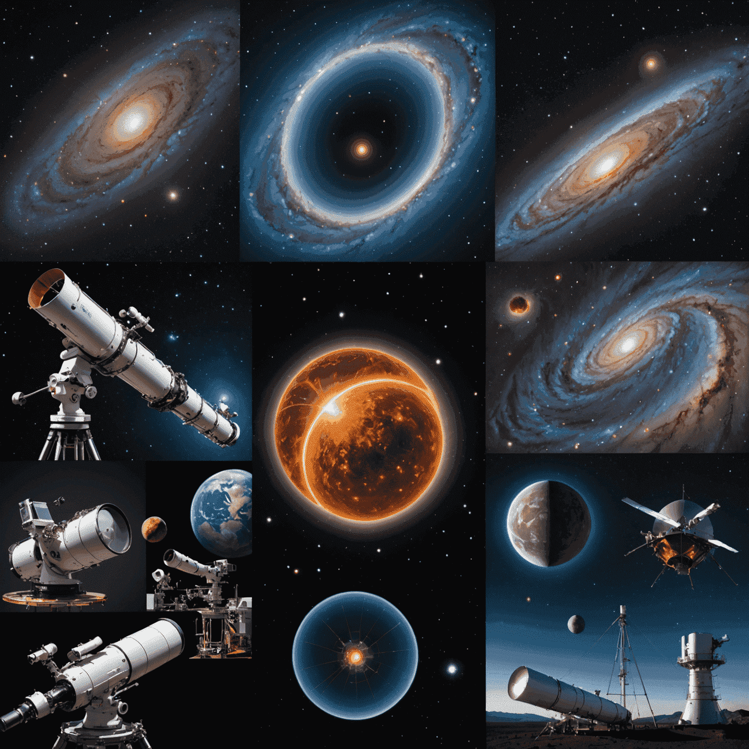 Montage of astrophysics research images, including telescopes, computer simulations, and scientists working with parsec measurements